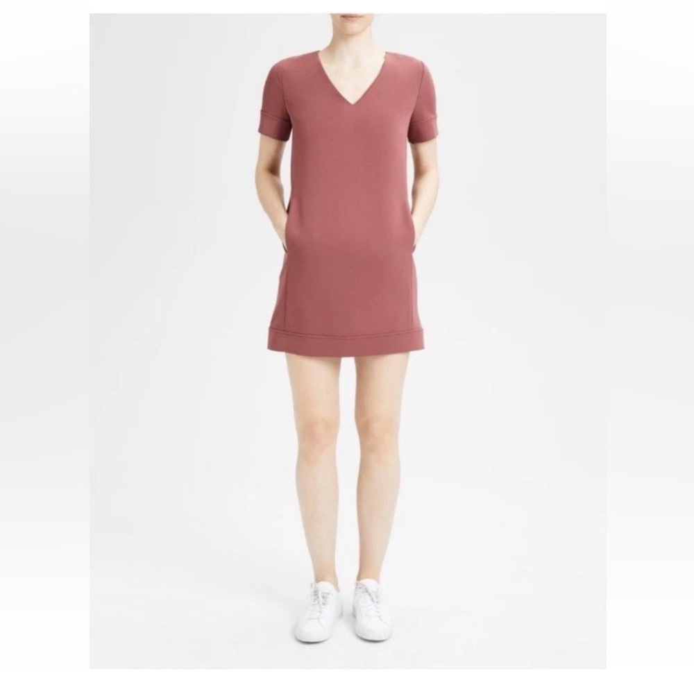 Theory V-neck Banded Shift Admiral Crepe Mini Dress Deep Blush Rose color 10